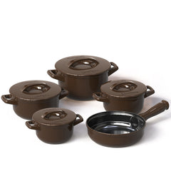 Set of brown ceramic cookware with lids on a white background