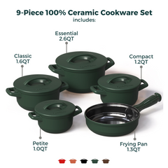 9-piece ceramic cookware set with labeled components on a white background